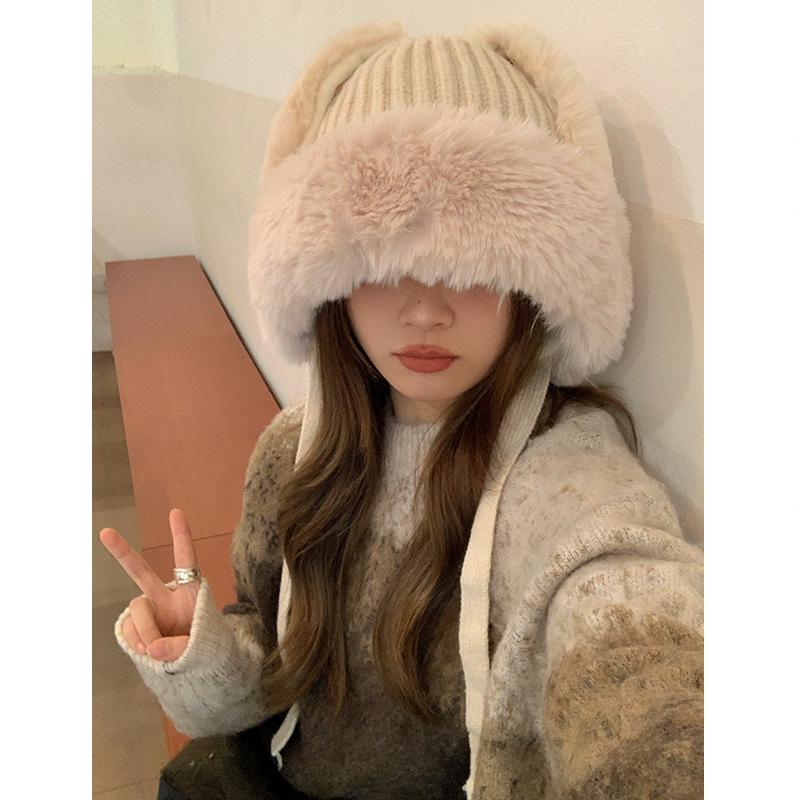

Cute new plush knitted hat children s winter versatile plush cold hat thermal ear protector headcap 56-60CM 92-Puppy Ear Plush Cap хаки