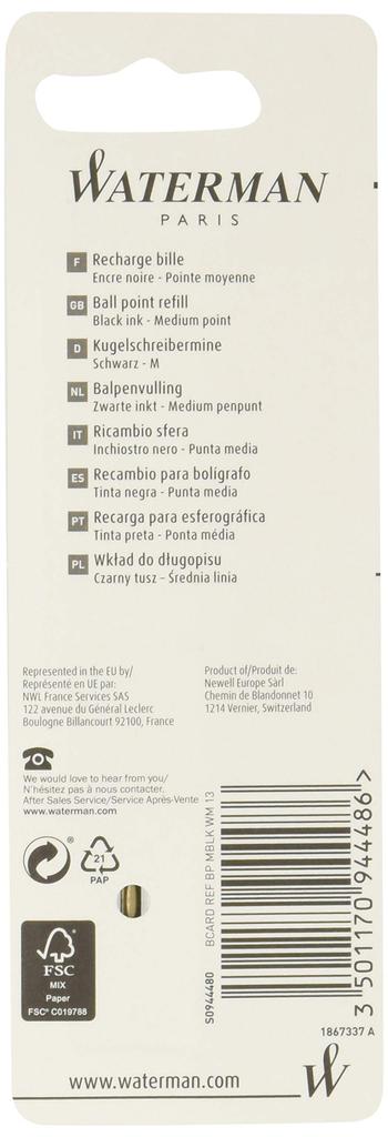 WATERMAN Official Waterman Ballpoint Pen, Oil-Based, Refills, Medium, Set of 3, Black