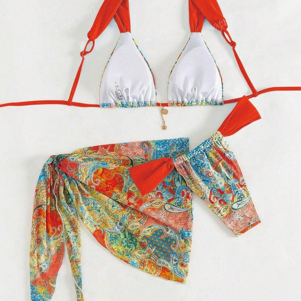 Printed Sexy Bikini Set Three Piece Set with Beach Sarong CLE