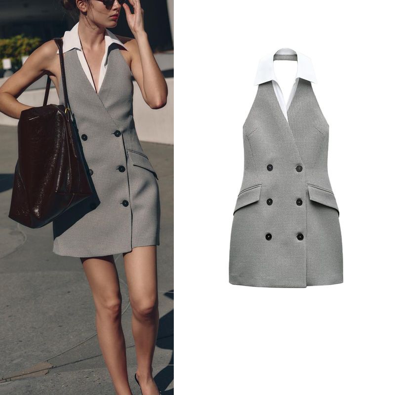 Spring New Arrival American Patchwork Sleeveless Open Back Combination Halterneck Polo Collar Mini Dress 9068589