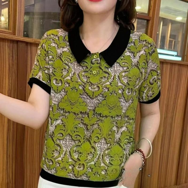 

Mother s Short-sleeved T-shirt, Summer Casual Top, Western Style, Age-reducing and Thin Bottoming Shirt 5XL зелений