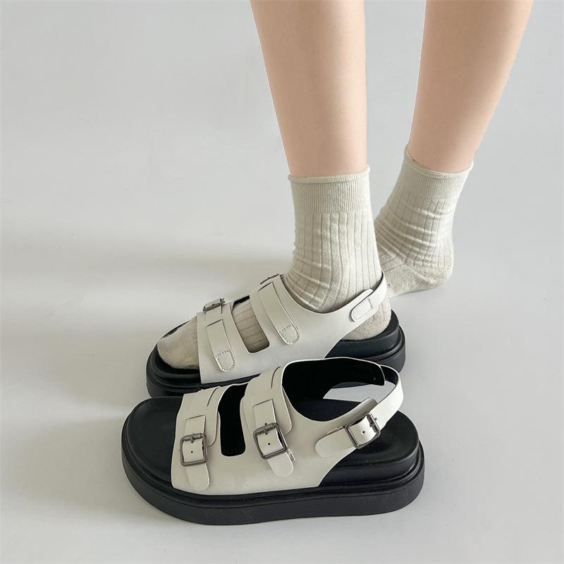 Popular Internet celebrity retro black platform one-word sandals women's 2025 new skirt with high-end Roman shoes