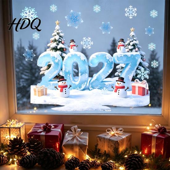 Removable New Year Decals 2027 Christmas Winter Window Cling Static Sticker with Snowman PVC Tree Snowfalke Waterproof Glass Door Decal