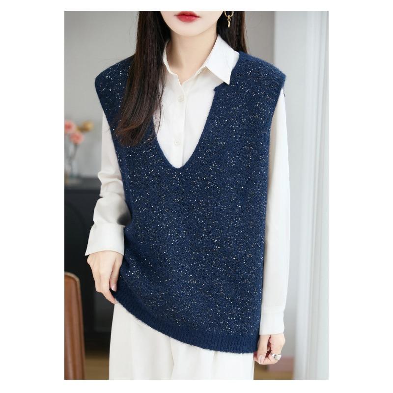 French Style V Neck Sequin Sleeveless Knit Vest Women Casual Layering Top