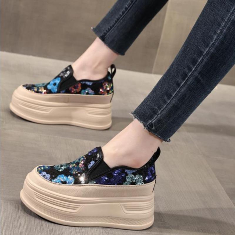 Fashion Ladies Footwear High on Platform Round Toe Slip Sequins Women's Shoes Sale Korean Offer Comfortable and Elegant Vulcanized Shoe