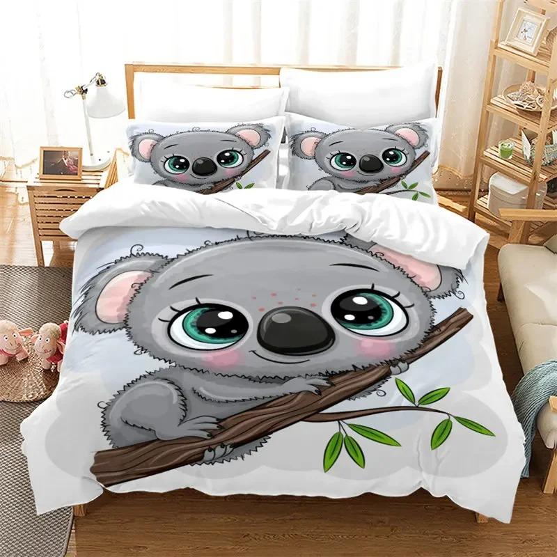 Cartoon Koala Duvet Cover Microfiber Cute Animal Bedding Set Botanical Leaves Comforter Cover For Boys Girls Children Room Decor