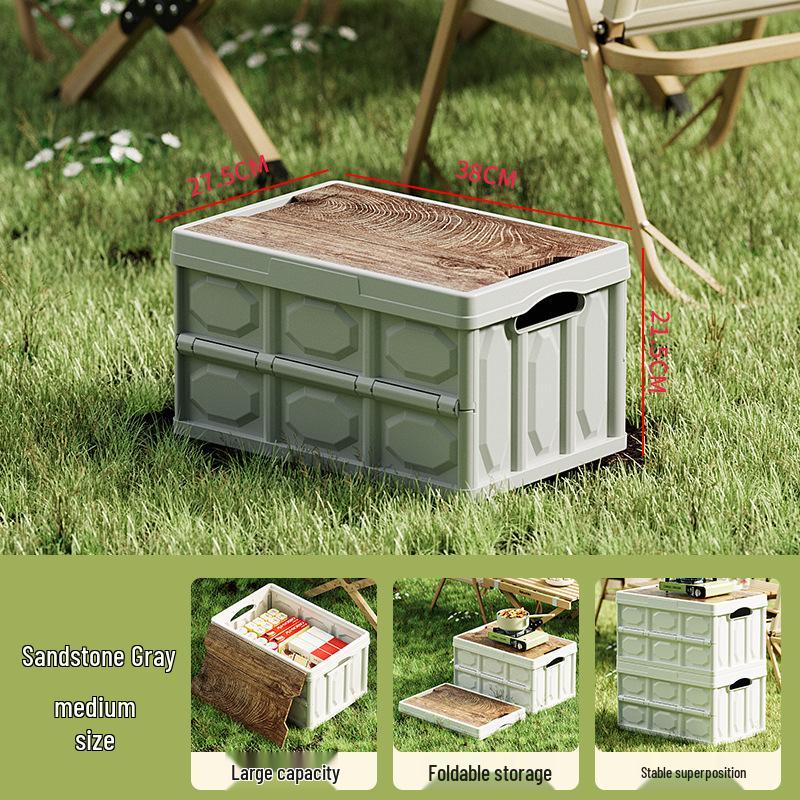 Foldable Outdoor Camping Storage Box with Wooden Lid - Perfect for Picnics, Car Trunks, and Home Use