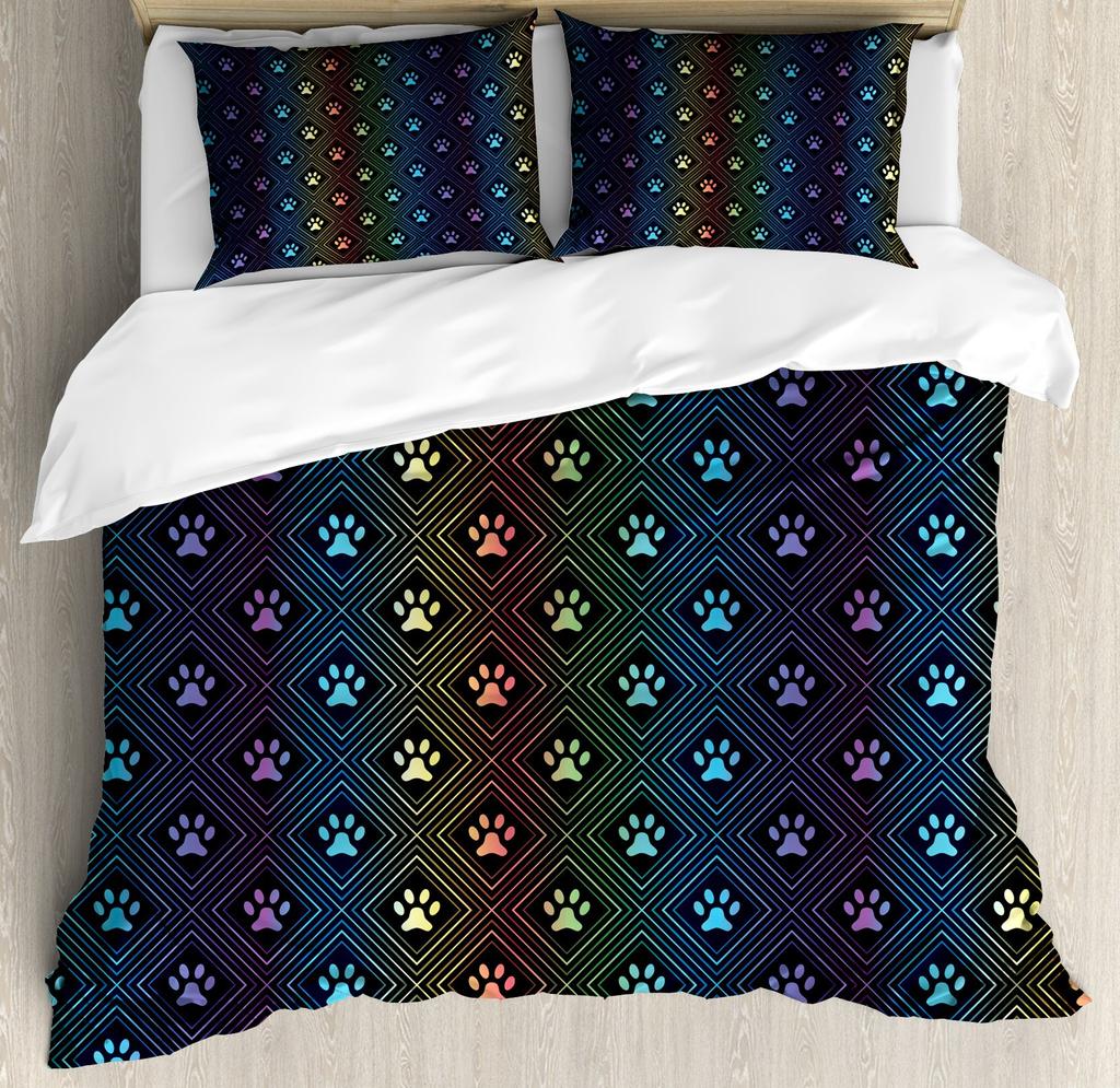 Dog Lover Duvet Cover Hand Drawn Paw Print Doodles Circular Pattern Drawing Style Animals Bedroom Decorations Coral Turquoise