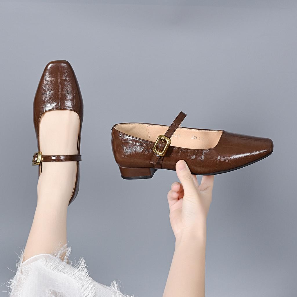 Mary Jane Shoes Women's 2025 Spring Korean Version of Square Head Plaid Cowhide One-word Buckle Shallow Mouth Flat Shoes Comfortable Loafers