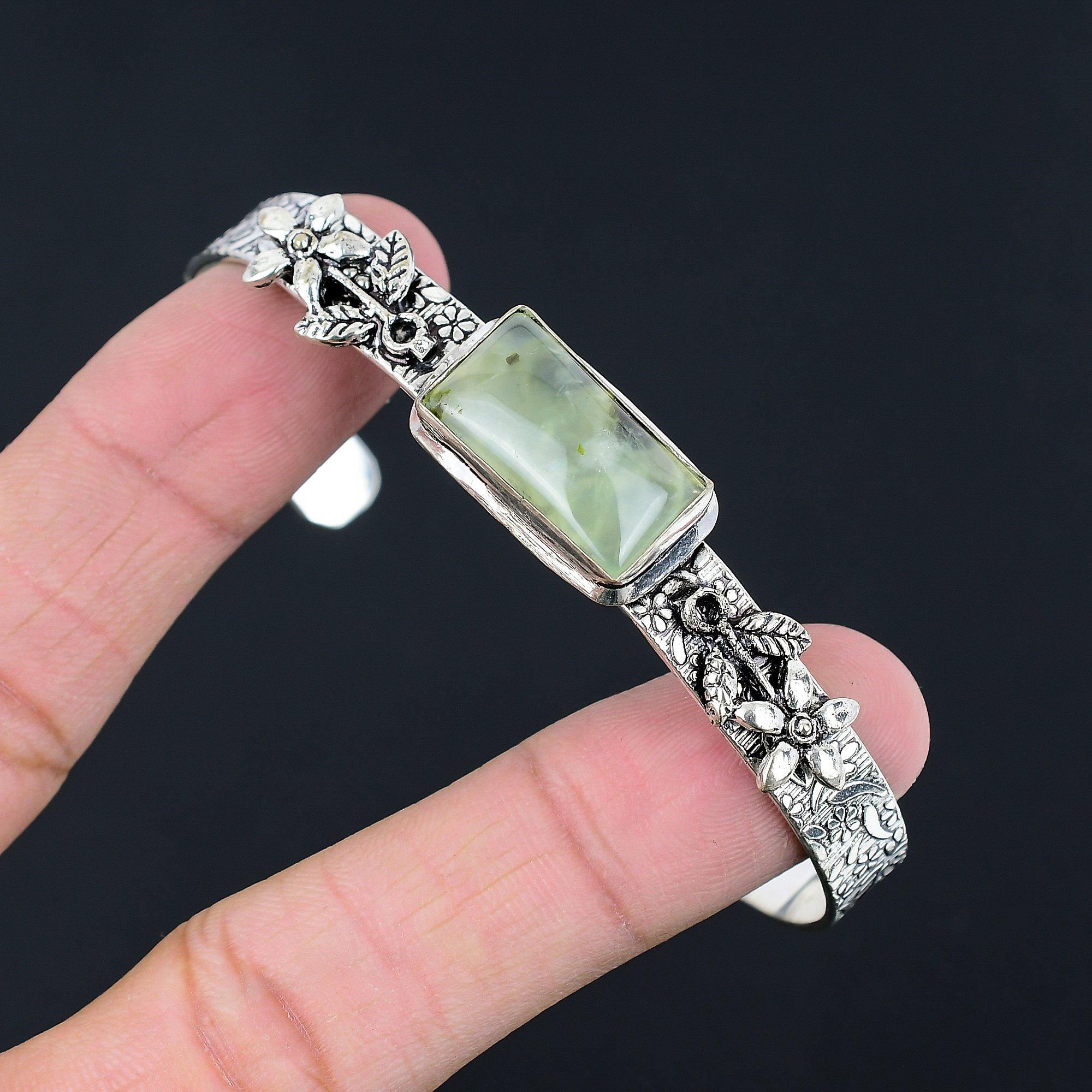 

Sisters Day Deal Sterling Silver Moss Moss Prehnite Gemstone Boho Flower Bangle Adjustable