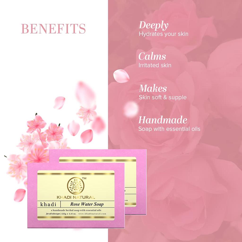 Khadi Natural Herbal Rosewater Handmade Soap 125g x Pack of 2 | Nourishing, Hydrating & Refreshing Skin Cleanser