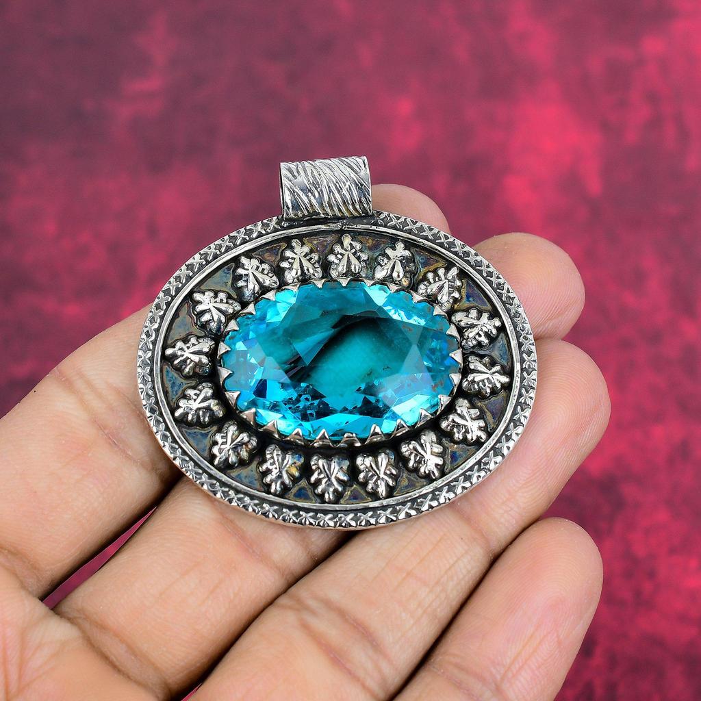 Blue Topaz Pendant, 925 Solid Sterling Silver Gemstone Jewelry, Handmade Pendant, For Thanksgiving