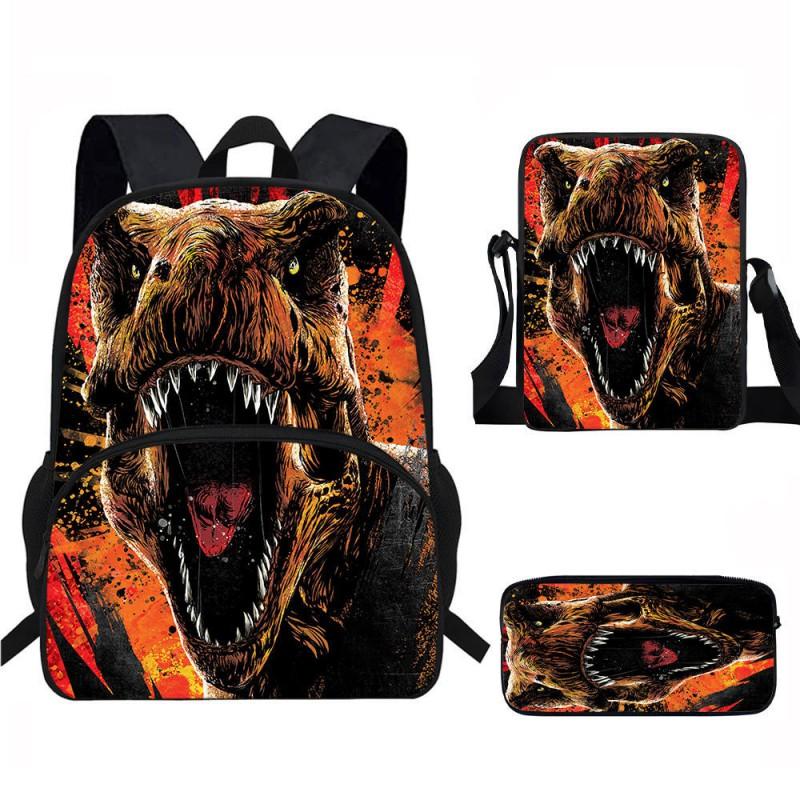 Kids Dinosaur Backpack Set Elementary School Oxford Fabric Ergonomic Back Support Breathable Lightweight 3-Piece Kit