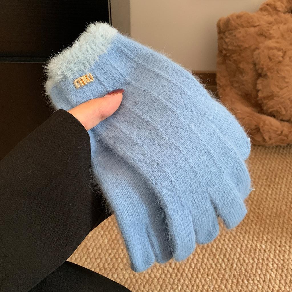 Soft Waxy Rabbit Fur Gray Knitted Wool Five Finger Thickened Warm Gloves for Women's Winter Cycling Cold and Windproof Furry