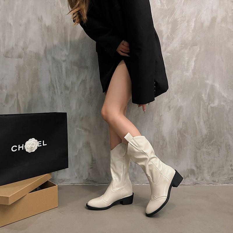 Brown Coarse Heel Martin Boots Women's New Pointed Mid-tube Pile Boots Western Cowboy Maillard Autumn Boots