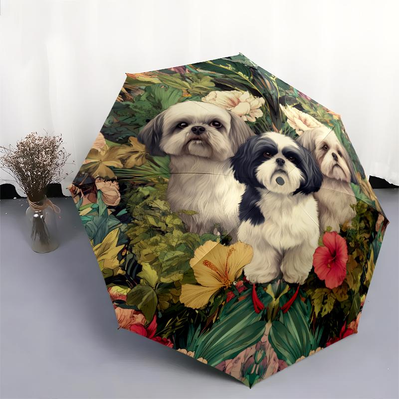 Shih Tzu and Flowers Pattern, Automatic Folding Umbrella, Portable and Foldable Design, 8 Ribs, a Christmas or Birthday Gift.