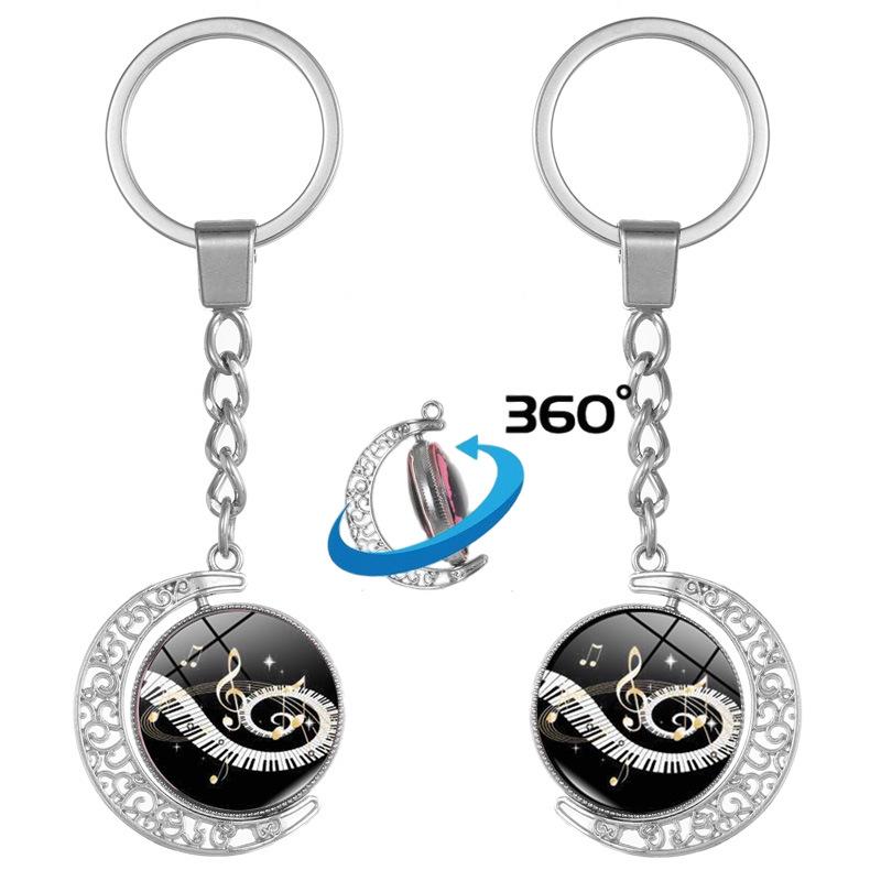 Heart-Shaped Rotating Piano Key Pendant Keychain with Gem and Musical Notes Ornament