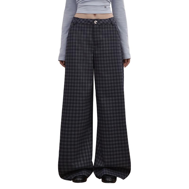 

UNIFREE 2025 Autumn Vintage Plaid Loose Wide-Leg Casual Pants L