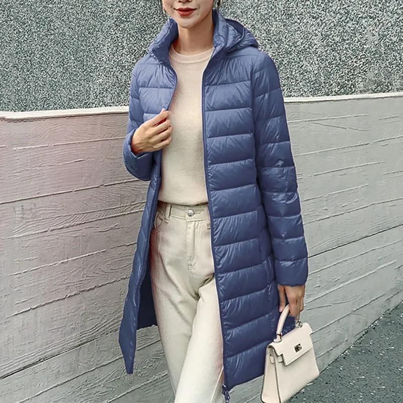 Winter Women Slim Down Coats Remove Hooded Parka Solid Color Female Long Light Thin Outerwear Lady Fashion Warm Puffer Jackets