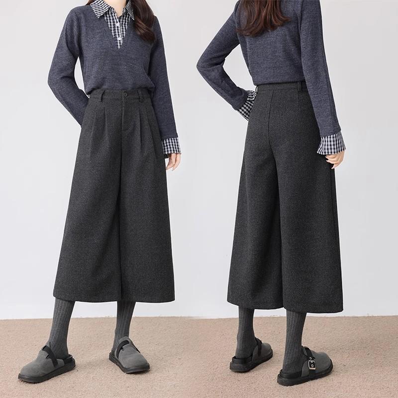 Womens Wool Blend Wide Leg Trousers High Waist Cropped Pants Winter Chic Office Casual