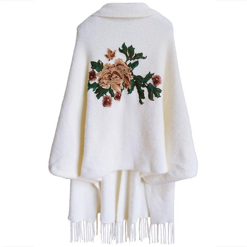 Autumn and winter thickened faux mink fur shawl for women, cape to be worn over a cheongsam, embroidered fringed coat, warm scarf with sleeves