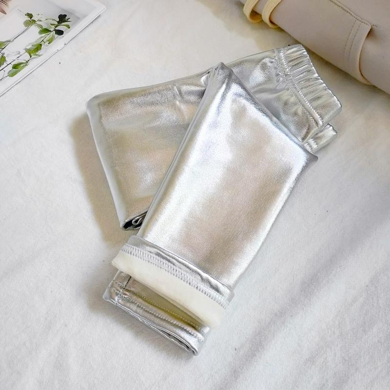 Barn Gull Sølvfarge Fleecebukser Høst Vinter Jenter Thicken Bukser Barn Slim Metallic Glossy Plus Velvet Bukser