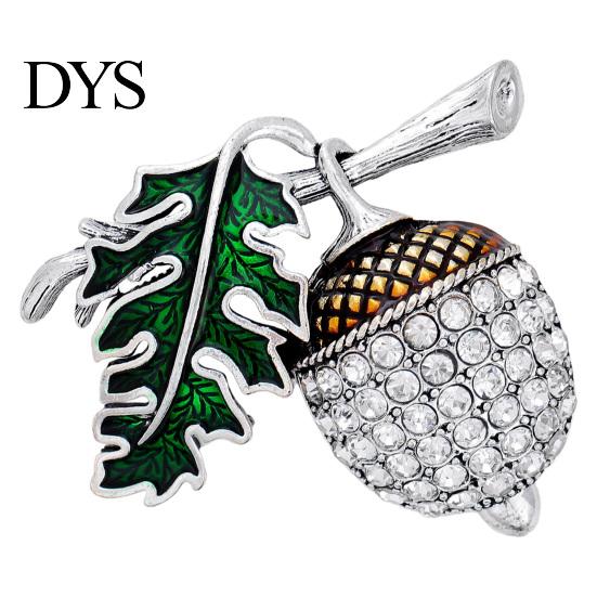 Alloy Lapel Pin Bling Rhinestone Acorn Brooch, Green Leaf Decorative Embellished Brooch for Suits Coats Bags, Jewelry Accessory Men Women