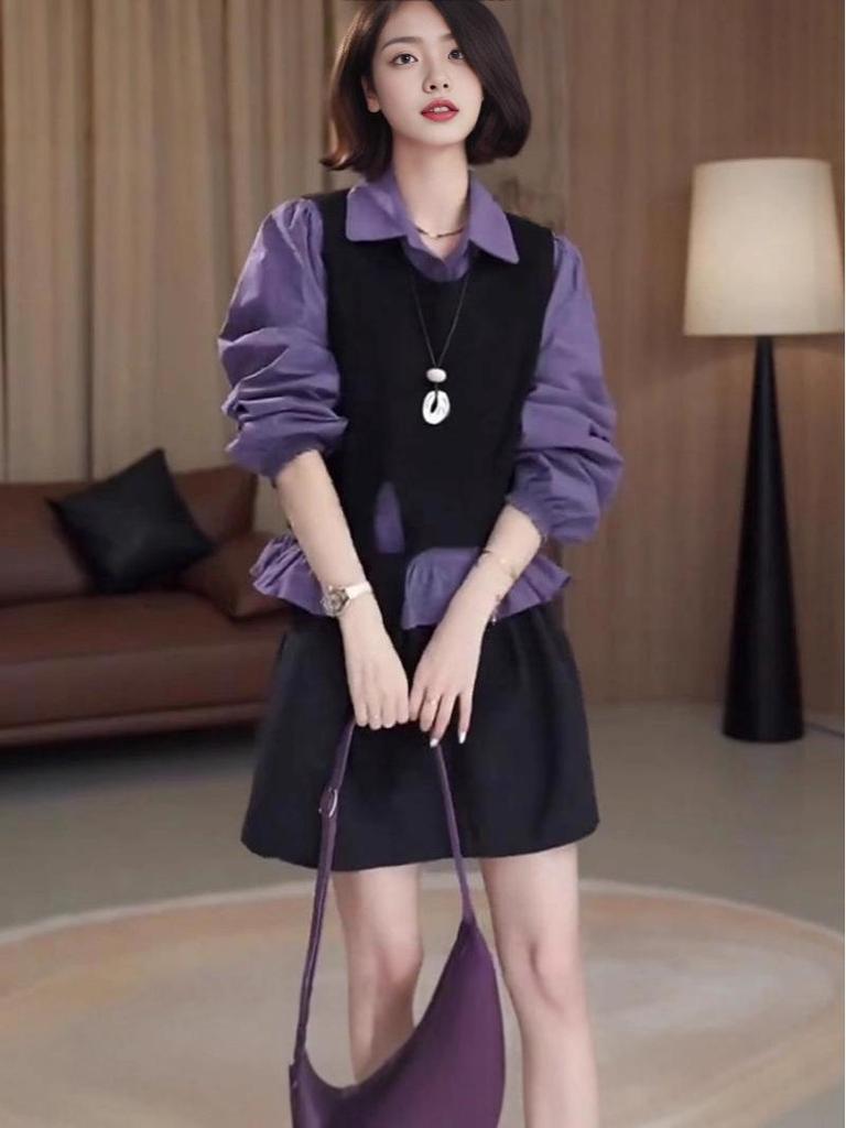 2025 Women’s Autumn School Style OOTD: Layered Knit Vest & Shirt Two-Piece Set