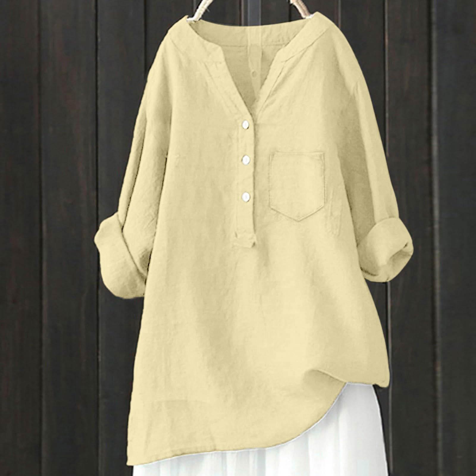 

Женская мода свободный однотонный стоячий воротник на пуговицах с длинным рукавом хлопковый топ XXXL бежевый