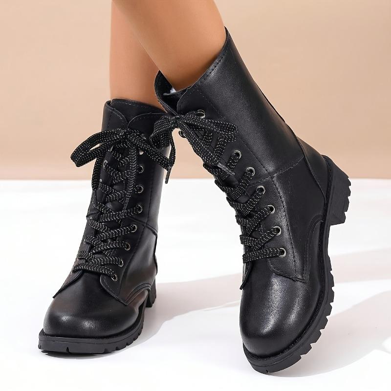 

Мода Осень Модные ботинки Женская мода Носок круглой формы Шнуровка спереди Платформа Противоскользящие Износостойкие Ботинки средней высоты 42 чёрный
