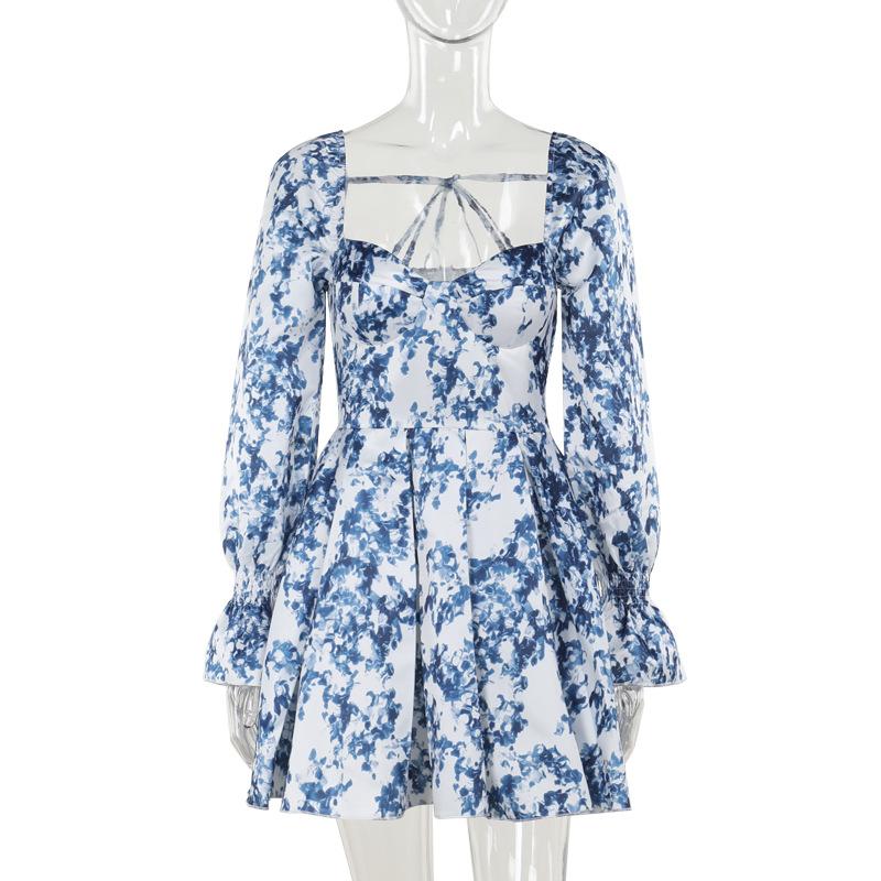 

Синя Біла Квітковий Принт Сукня з Квадратним Вирізом, Деталями Бантів та Пишною Спідницею для Жінок L