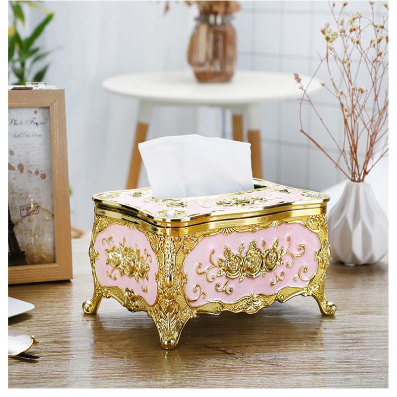 Rose Pattern Golden-Plated Tissue Box American Style Paper Holder Suitable For Multiple Rooms Home Desktop Decor