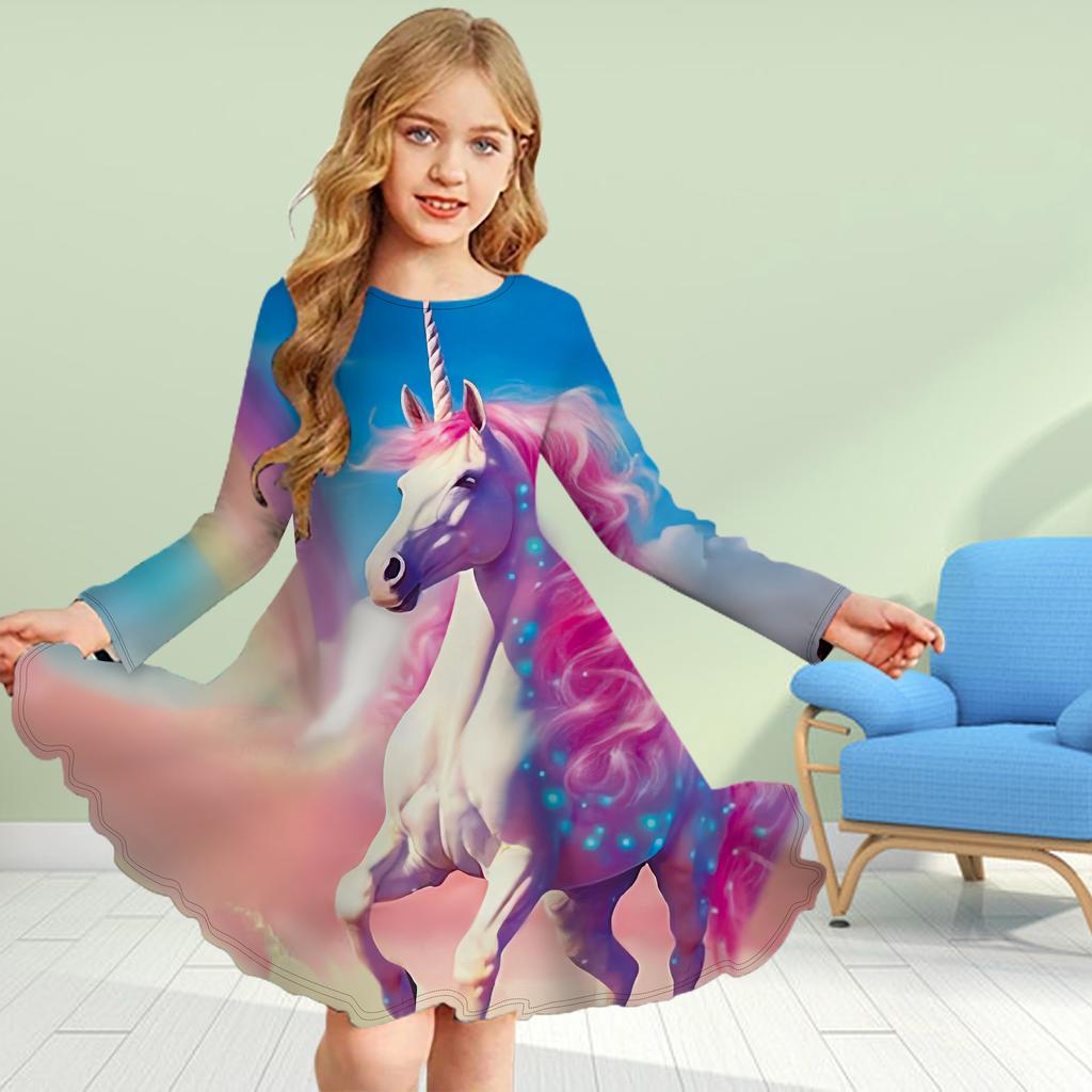 Girl Casual 3D Print Green Unicorn Round Neck Long Sleeve Dress Kid  Princess Dress  buy the best products in the Ayzeze online store