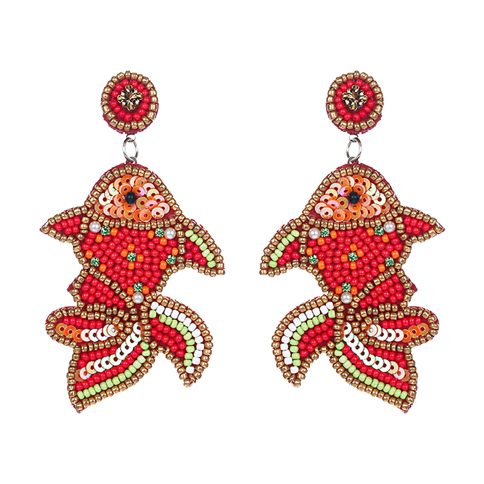 

Художественные серьги в виде рыбьего скелета карпа/золотой рыбки с бусинами, богемные украшения, подарок для женщин, уникальные аксессуары для вечеринки красный