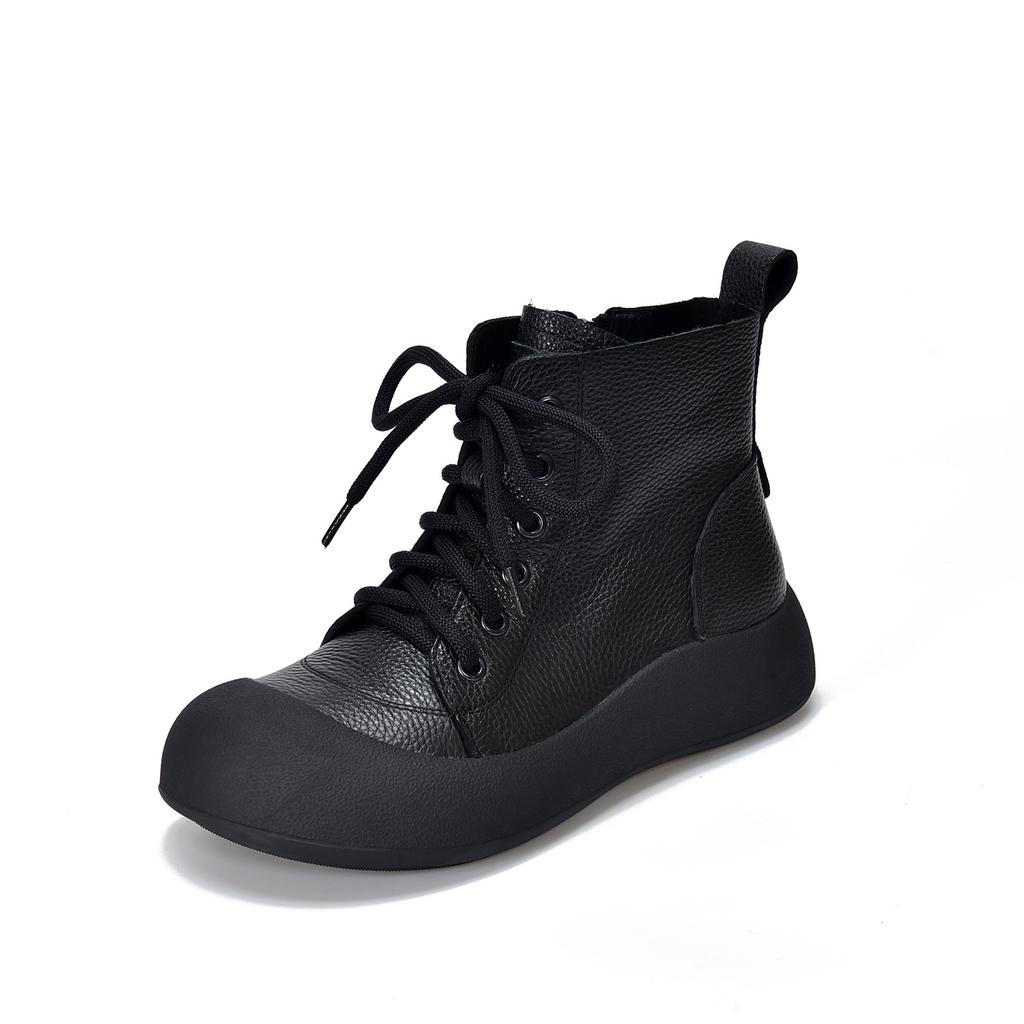 Johnature Retro Women's Ankle Boots Genuine Leather Lace Up Thick Soled Cowhide Short Boots