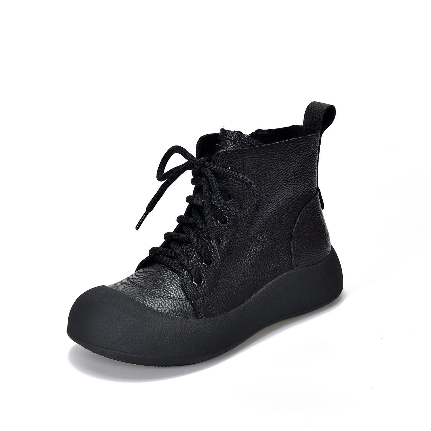 

Johnature Retro Women s Ankle Boots Genuine Leather Lace Up Thick Soled Cowhide Short Boots 36 чёрный