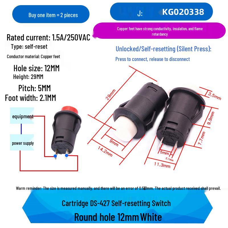 Round Button DS-427/428 Pushbutton Switch: 12-Unlocked, Self-Resetting, Locking/Momentary 