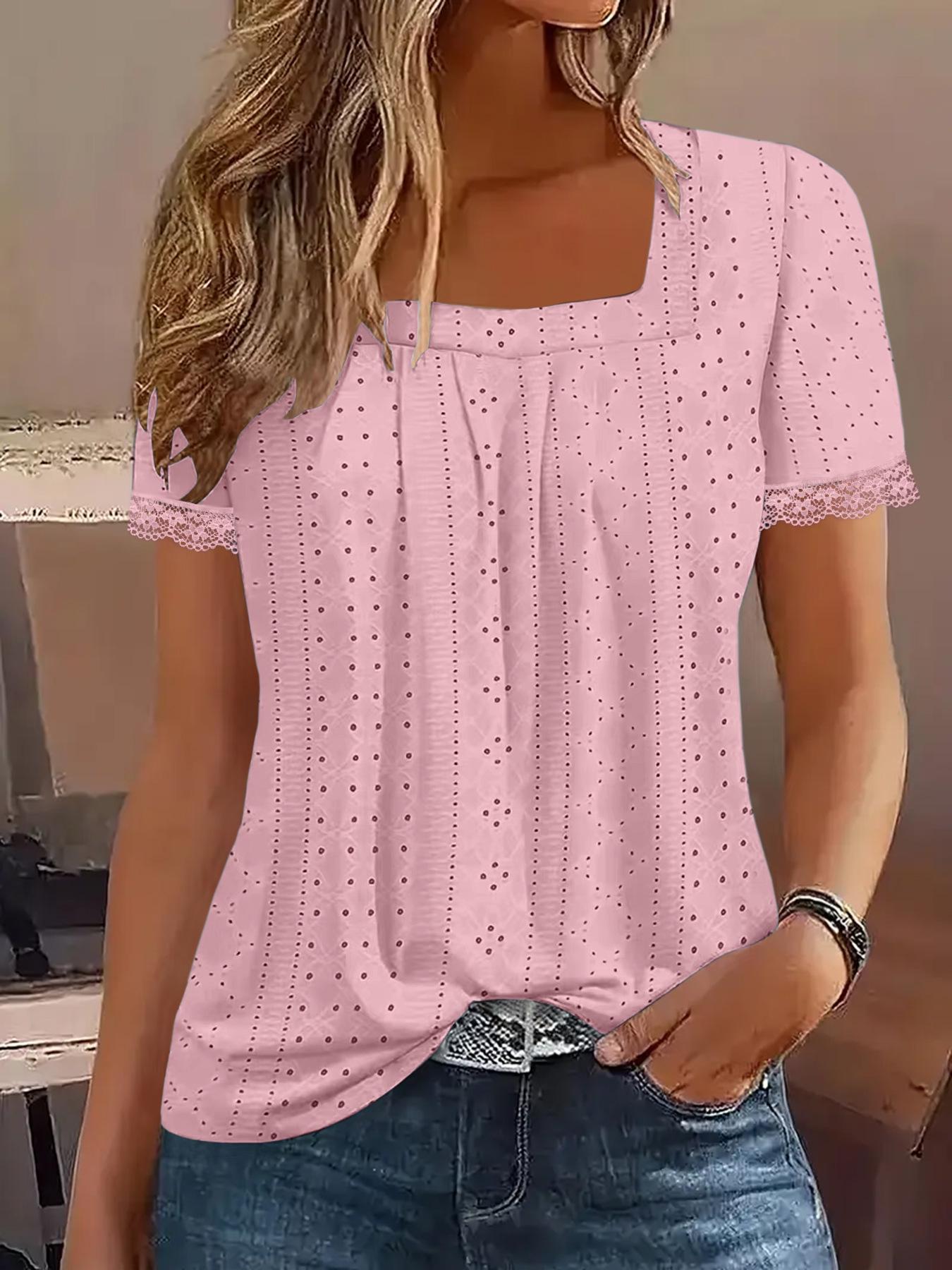 2025 Summer European & American Square Neck Eyelet Jacquard Short Sleeve Women s Top L розовый