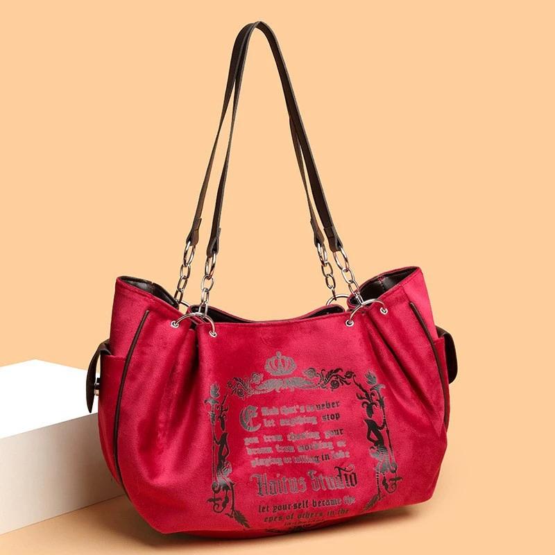 Letter Print Faux Suede Women Handbag