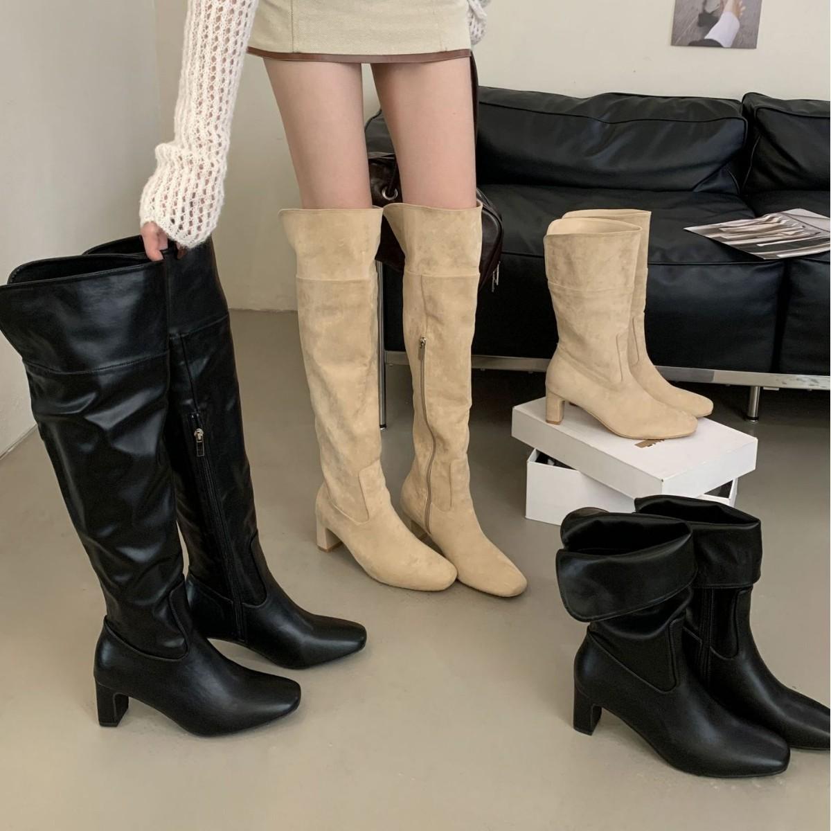 

2025 new summer round head tall tube thin thick heel versatile fashion knee knight women s boots 39 чёрный