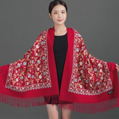 Bufanda/Chal de Cachemir con Bordado Rojo Chino para Mujer - Otoño/Invierno Cheongsam, Ropa de Abrigo de Verano, Estilo Multiusos.