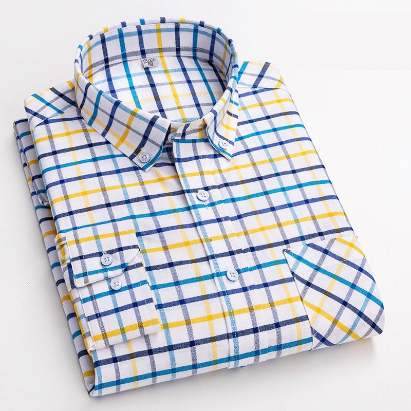 New Pure Cotton Business Men Oxford Shirt Long Sleeve Casual Plaid Striped with Chest Pocket Non-iron Autumn Spring