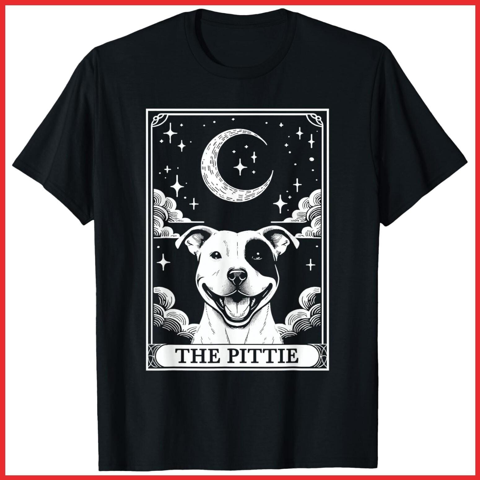 Pittie Tarot Card Vintage Crescent Moon Pit Bull Dog Black Cotton T-Shirt S-5XL XXL