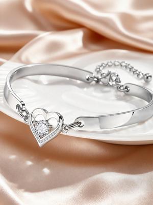 Dainty Love Heart Charm Bracelet for Women, Stainless Steel Zircon Adjustable Bangle, Fashion Exquisite Jewelry Gifts for Mom