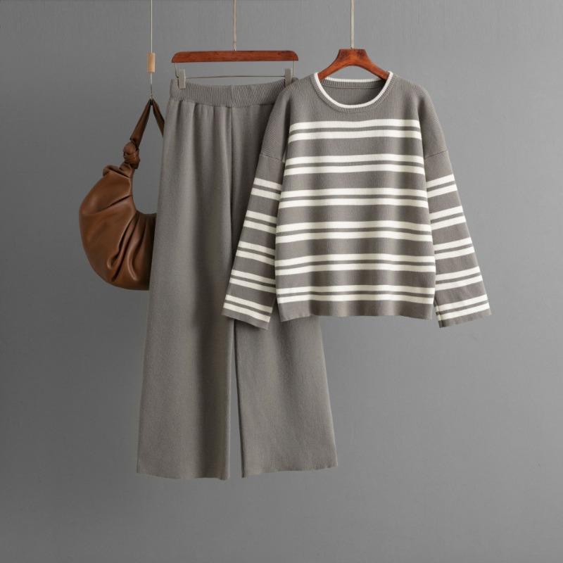Striped sweater set autumn and winter new loose fashion casual wide-leg pants knitted two-piece set