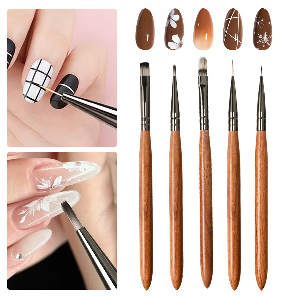 5pcs Wood Handle Acrylic Nail Brush Professional Drawing/Painting/Liner Nail Art Brush Pen 0.7/0.9/1.1/1.2cm UV Gel Nail Brush *
