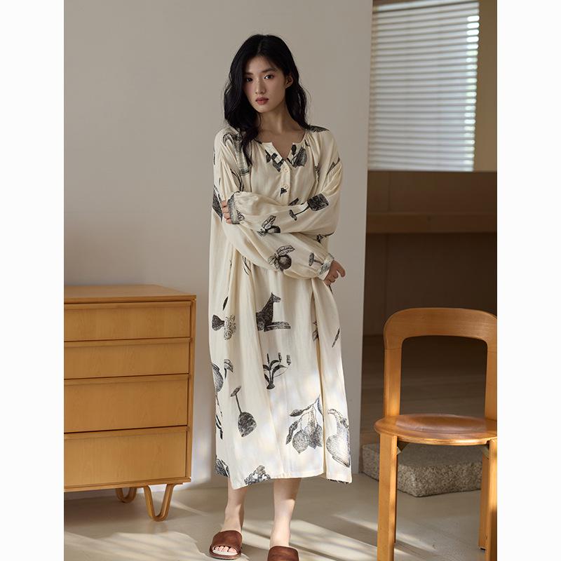 Bamboo Fiber Women's Long Sleeve Wabi-Sabi Nightgown - Mid-Length Autumn Pajamas Dress