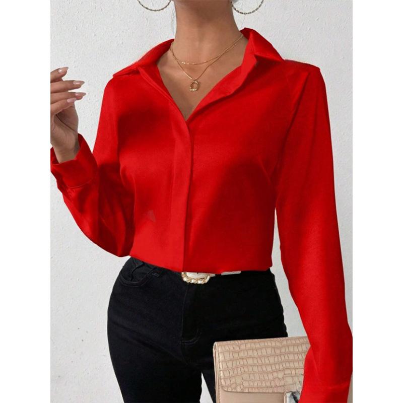 Satin Imitation Silk Long Sleeved Solid Color Women's Shirts