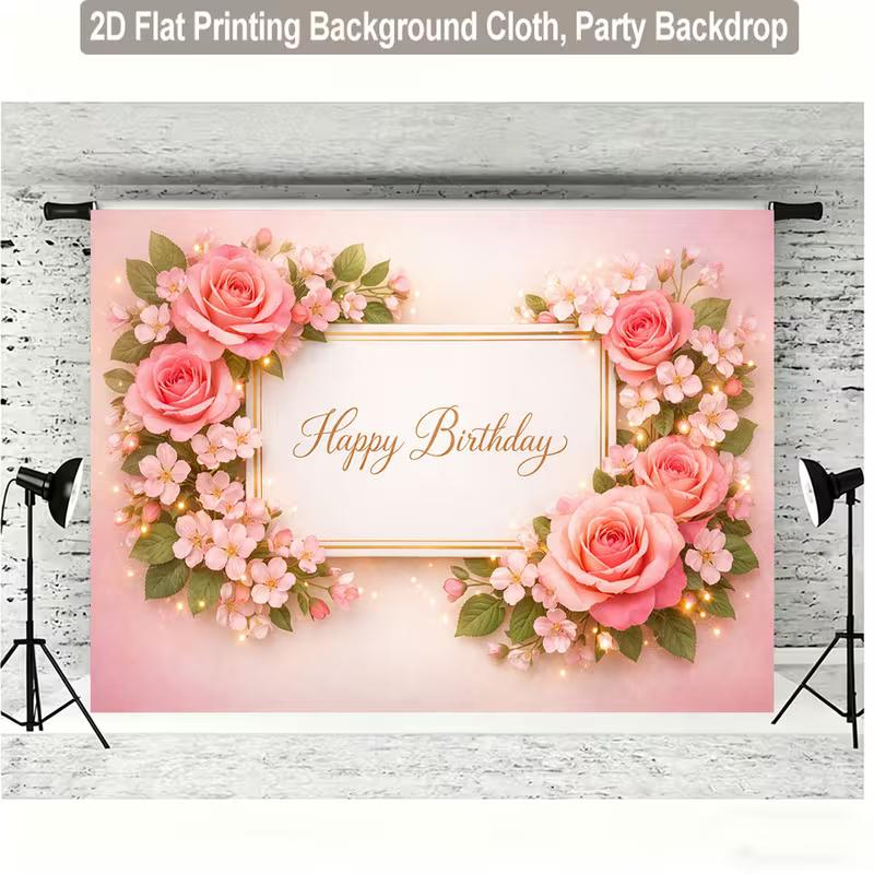 2D Pink Rose Happy Birthday Backdrop for Women, Girls & Birthday Party Photography