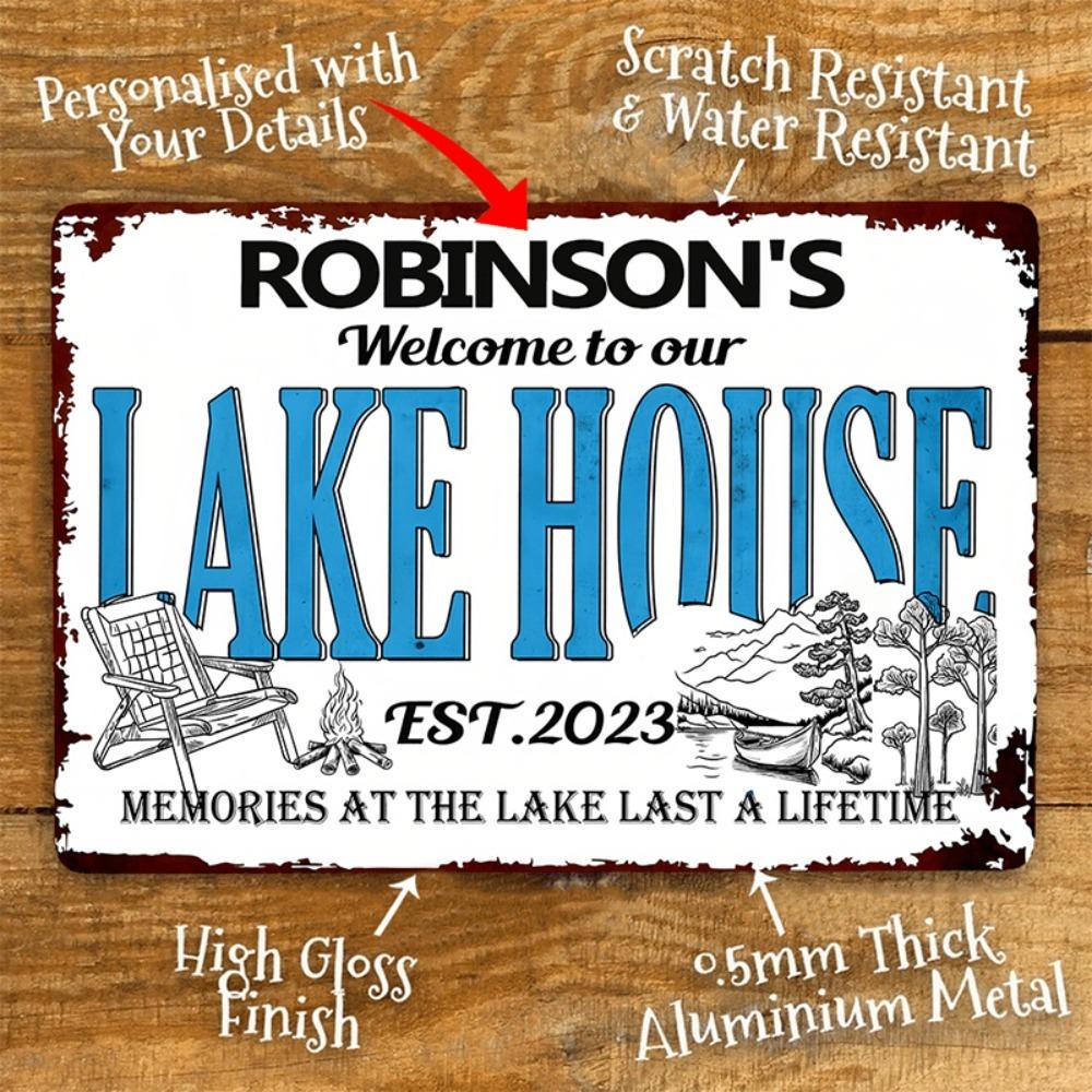 Personalized Rustic Metal Lake House Sign Custom Name Welcome Decor 8x12 Inch Aluminum